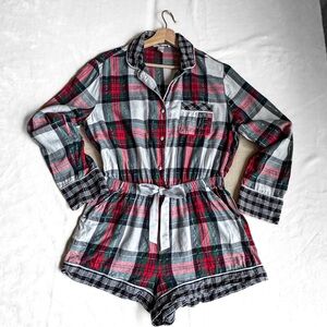 Victoria’s Secret Plaid Flannel Romper Pajamas Tie Waist Long Sleeve Size M